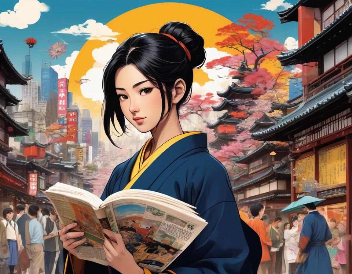 A dynamic collage showcasing diverse manga characters in action poses, surrounded by vibrant speech bubbles filled with reviews and insights. The background features iconic Japanese cityscapes and traditional motifs, blending modern and vintage styles. A sense of community and enthusiasm is conveyed through enthusiastic fans reading, discussing, and cosplaying. Emphasize bright colors and artistic flair. super-realistic. vibrant colors. comic book style.