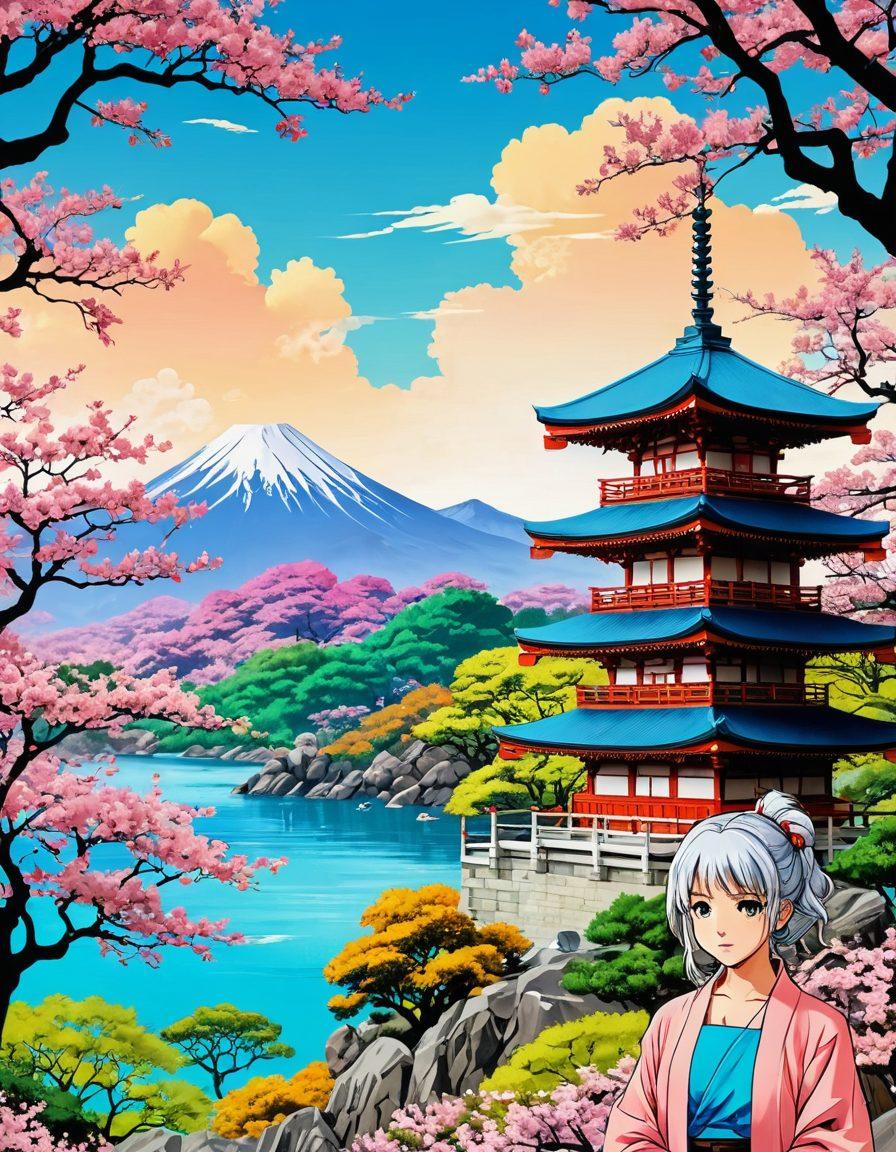 A vintage manga scene featuring classic characters with expressive faces, surrounded by iconic Japanese landscapes and intricate detailed panels. The colors should evoke nostalgia, blending muted pastels with vivid highlights to capture the essence of classic comic book art. Include a stack of old manga books in the foreground and whimsical cherry blossom trees in the background. Illustrative, retro style with a soft focus. vibrant colors.